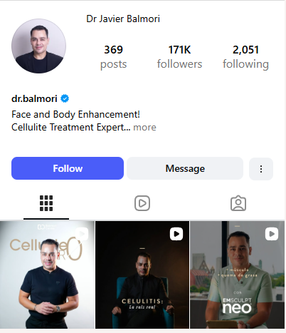 Instagram profile of Dr. Javier Hernández Balmori with 171K followers