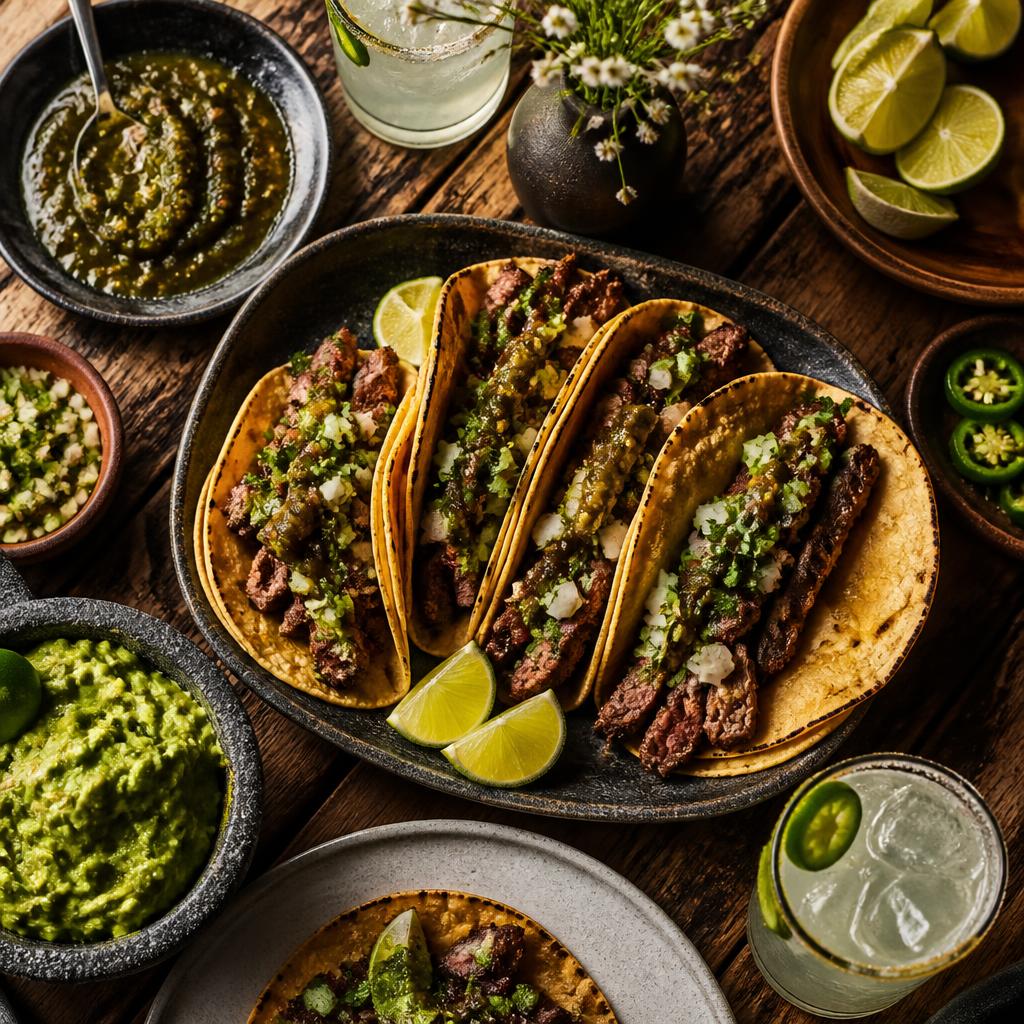 Vibrant Mexican street tacos and salsa spread
