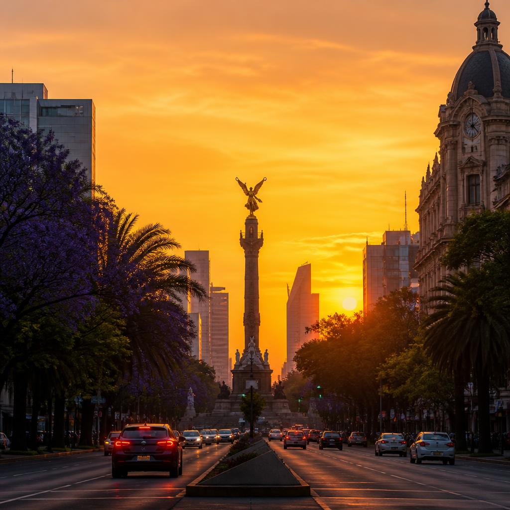 Angel of Independence on Paseo de la Reforma at sunset