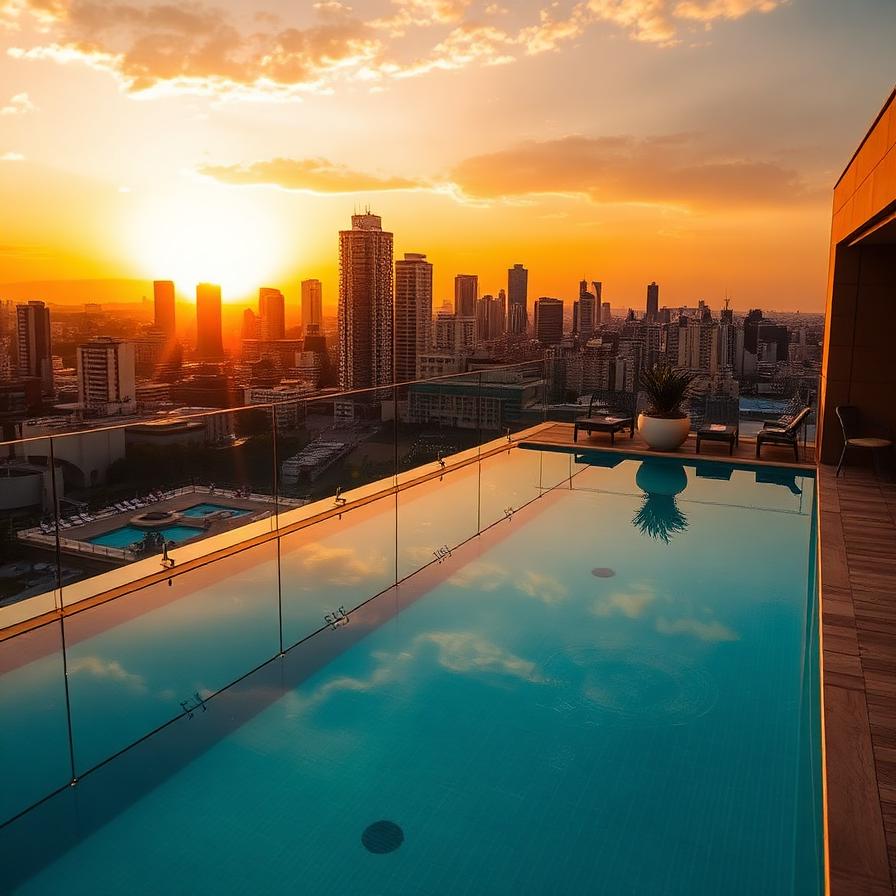 Rooftop pool overlooking Mexico City skyline at sunset